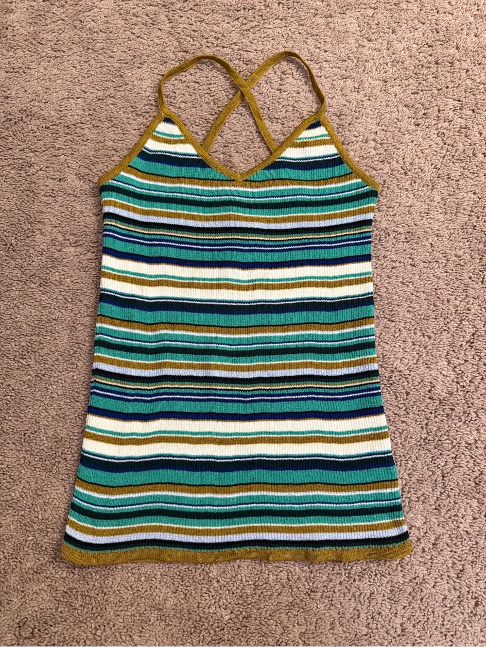 H&M Striped Ribbed Tank Women size Small Teal Green Mustard White Ribbed Top